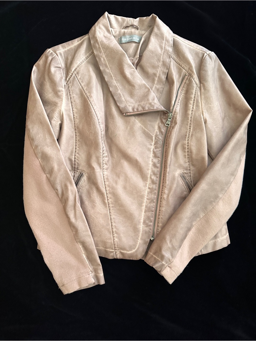Bagatelle Blush Beige Asymmetrical Moto Faux Leather Jacket